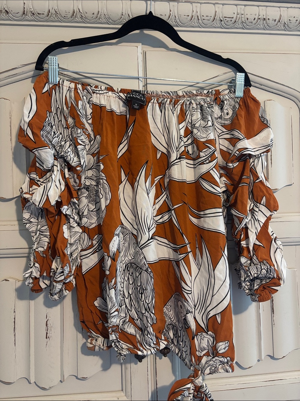Coco Bianco Rust Orange Off-Shoulder Parrot Print Blouse